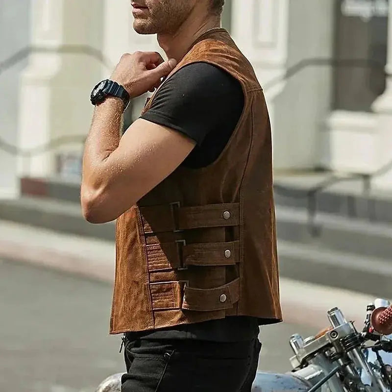 Men Vintage Brown Motorcycle Vests Zipper Pockets Leather Jacket Sleeveless Men's Riding Vest Motor Biker Jackets FZwear
