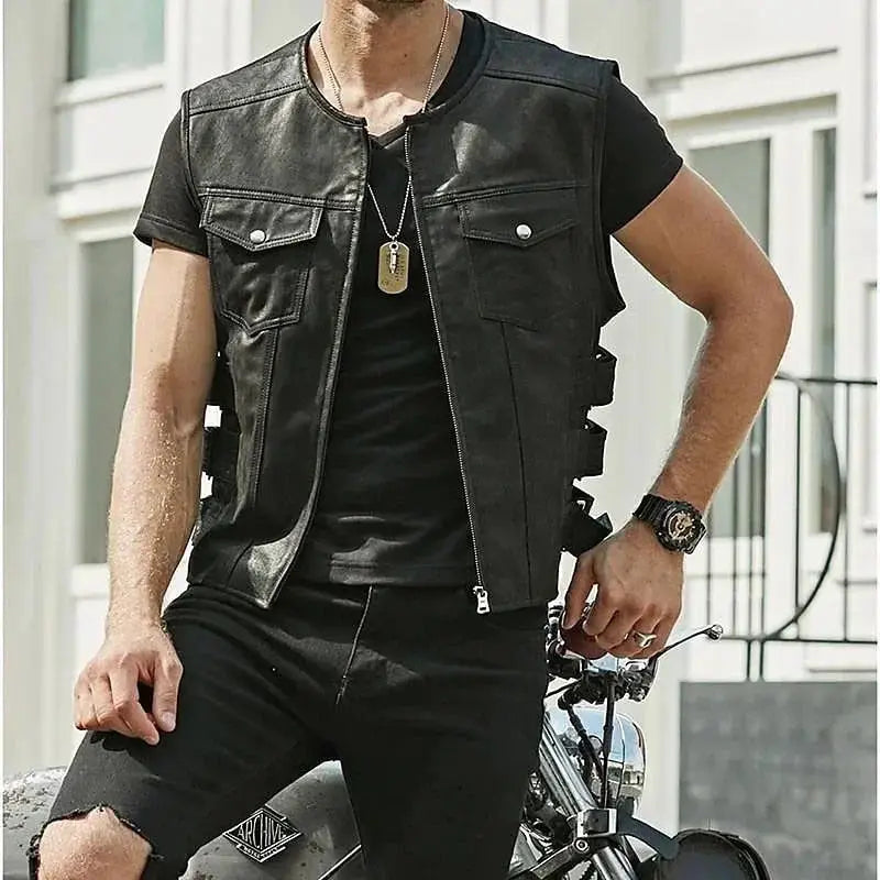 Men Vintage Brown Motorcycle Vests Zipper Pockets Leather Jacket Sleeveless Men's Riding Vest Motor Biker Jackets FZwear