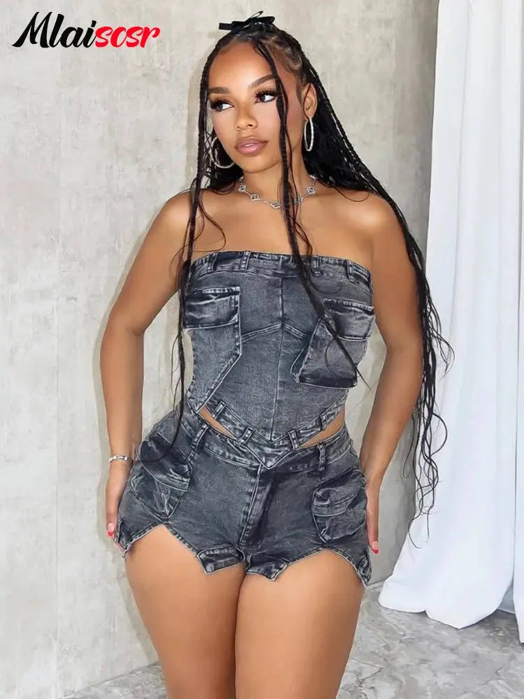 Mlaiscsr Black Stretch Denim Pocket Women Two 2 Piece Set Strapless Tops and Shorts Jean Matching Hipster Club Birthday Outfits FZwear