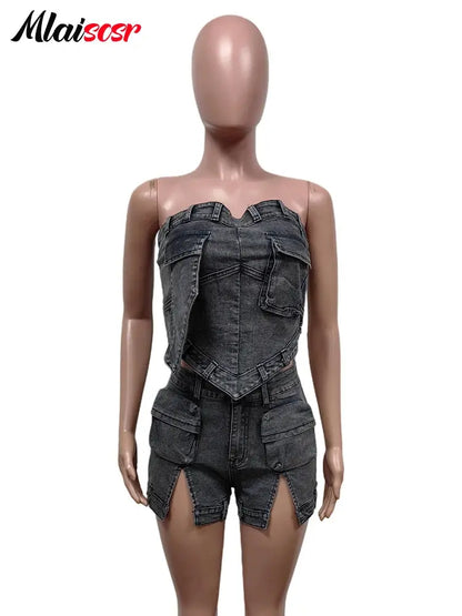 Mlaiscsr Black Stretch Denim Pocket Women Two 2 Piece Set Strapless Tops and Shorts Jean Matching Hipster Club Birthday Outfits FZwear