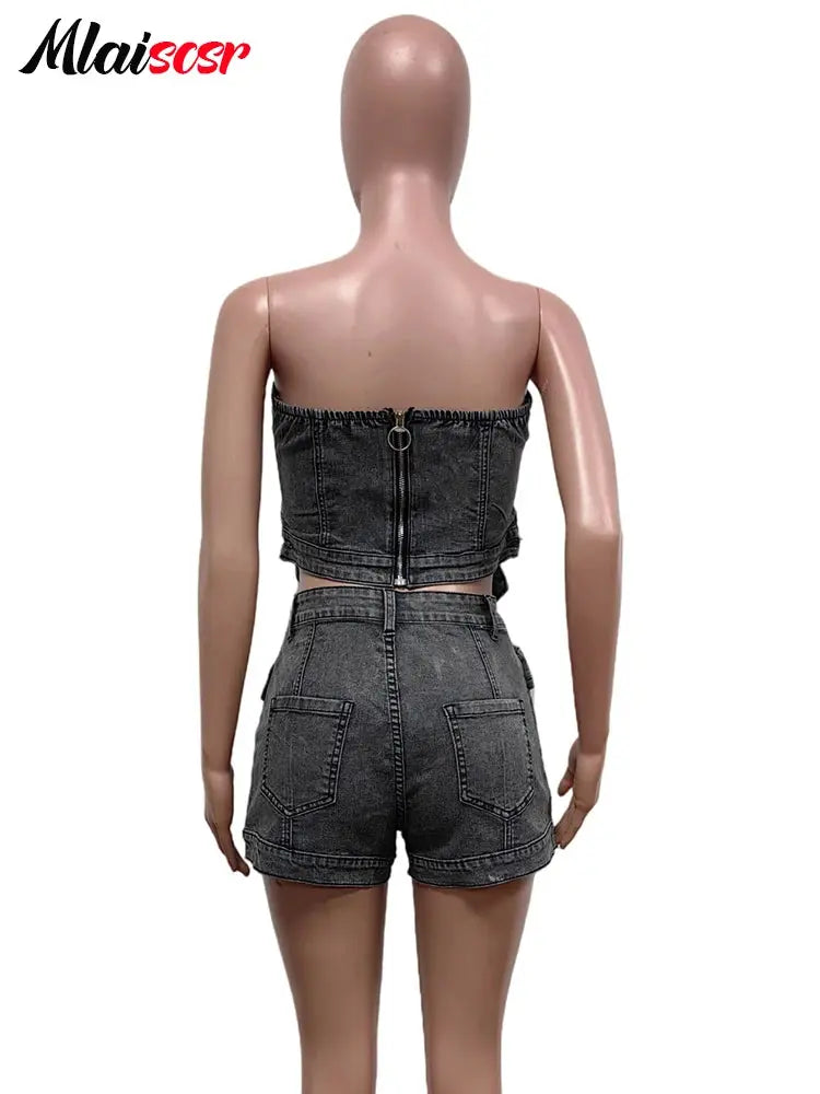 Mlaiscsr Black Stretch Denim Pocket Women Two 2 Piece Set Strapless Tops and Shorts Jean Matching Hipster Club Birthday Outfits FZwear