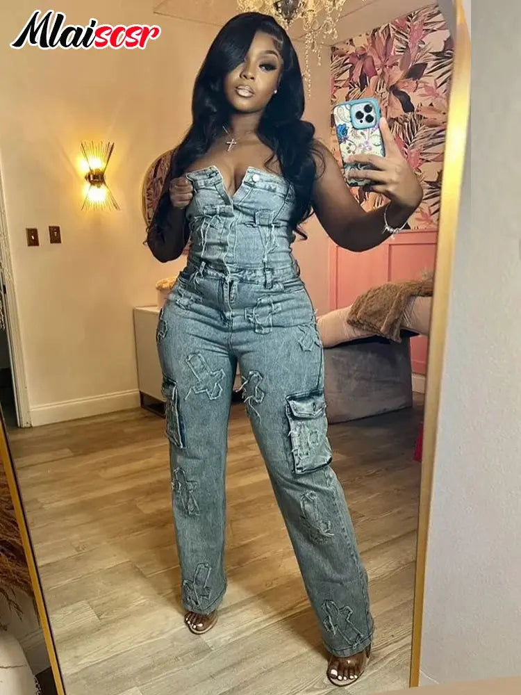 Mlaiscsr Cross Embroidery Pockets Stretch Denim Jumpsuits Women Sleeveless Off Shoulder Boyfriend Rompsers Blue Cargo Overalls FZwear