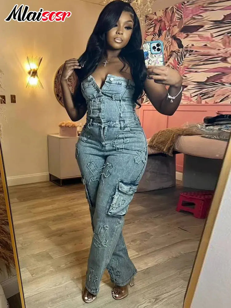 Mlaiscsr Cross Embroidery Pockets Stretch Denim Jumpsuits Women Sleeveless Off Shoulder Boyfriend Rompsers Blue Cargo Overalls FZwear