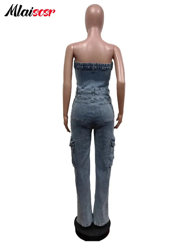 Mlaiscsr Cross Embroidery Pockets Stretch Denim Jumpsuits Women Sleeveless Off Shoulder Boyfriend Rompsers Blue Cargo Overalls FZwear