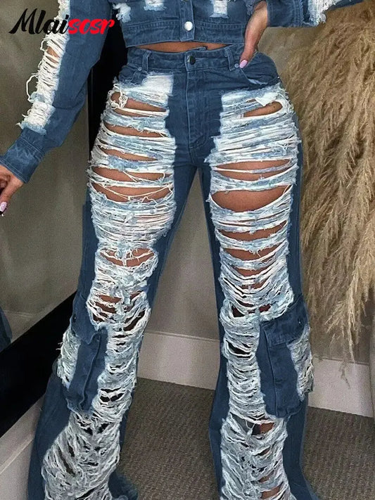 Mlaiscsr Dark Blue Ripped Hole Baggy Straight Jeans Women‘s Elastic Waist Loose Denim Wide Leg Pants Boyfriend Birthday Trouser FZwear