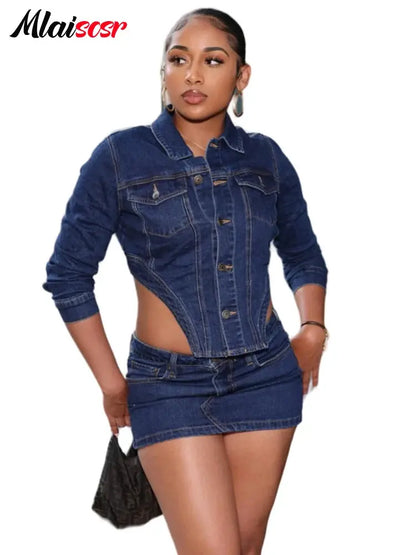 FZ Women's Stretch Long Sleeve Two 2 Piece Mini Denim Skirt Suit