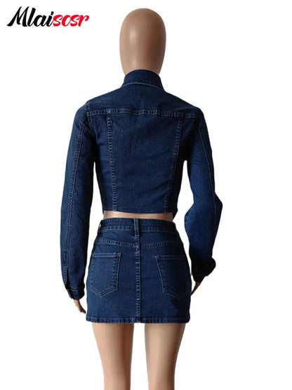 Mlaiscsr Denim Stretch Dress Outfits Women Long Sleeve Crop Jackets and Mini Skirt Two 2 Piece Sets Sexy Jean Birthday Clubwear FZwear