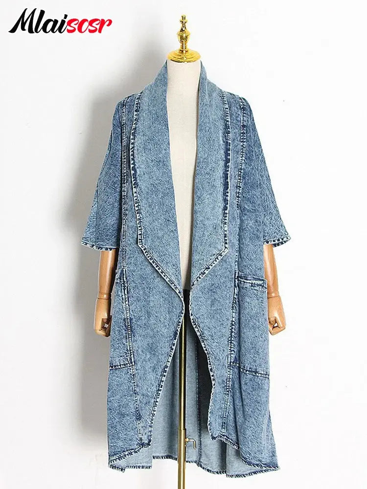 Mlaiscsr High-quality Three Quarter Sleeve Denim Trench Coat Women’s Autumn Office Blue Long Jean Jacket All Match Streetwear FZwear