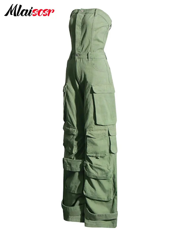 Mlaiscsr High-quality Wide Leg Cargo Pants Women Green Denim Strapless Jumpsuits Multi Pockets Birthday Club Loose Jean Overalls FZwear