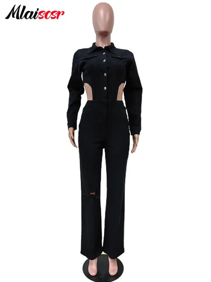 Mlaiscsr Hole Hollow Out Black Cargo Jumpsuit Women‘s One Pieces Overalls Long Sleeve Stretch Denim Romper Birthday Club Monos FZwear