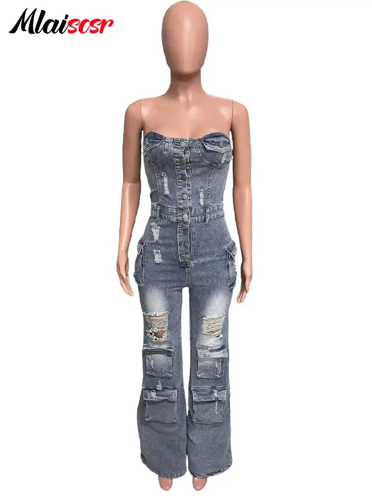 Mlaiscsr Multi Pockets Ripped Stretch Denim Cargo Pants Blue Wide Legs Jumpsuits Women Sleeveless Off Shoulder Rompsers Overalls FZwear