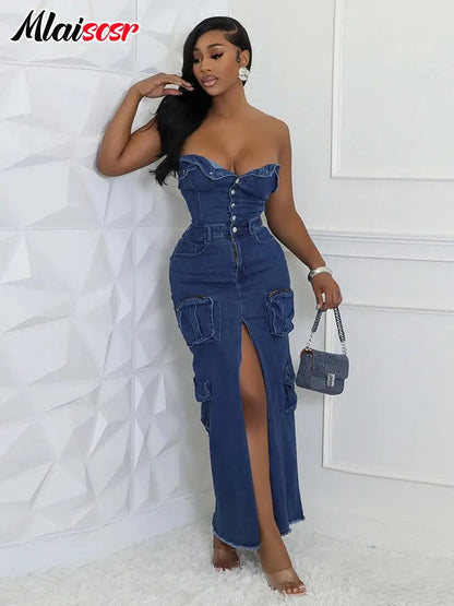 Mlaiscsr Off Shoulder Button 3D Pocket Blue Denim Dress Women Strapless Sleeveless High Spliced Jean Cargo Dresses Birthday Club FZwear