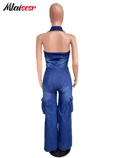 Mlaiscsr Women Clothing Blue Denim One Piece Jumpsuit Halter Backless Sleeveless Straight Jean Overalls Cargo Pants Rompers  New FZwear