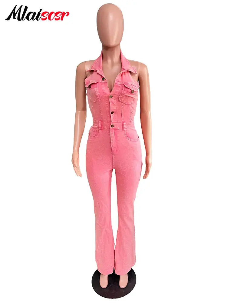 Mlaiscsr Women Pink Stretch Denim Jumpsuit Halter Sleeveless Backless One Pieces Wide Leg Overalls Flare Pants Jeans Rompers New FZwear