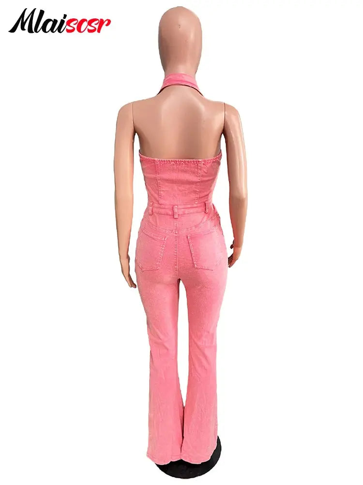 Mlaiscsr Women Pink Stretch Denim Jumpsuit Halter Sleeveless Backless One Pieces Wide Leg Overalls Flare Pants Jeans Rompers New FZwear