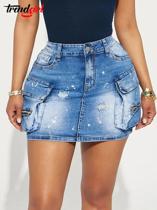 Mlaiscsr Women's Denim Skirt Summer Pocket Design Buckled High Waist Blue Daily Skinny Mini Skirts Y2K Night Club Jean Dress FZwear