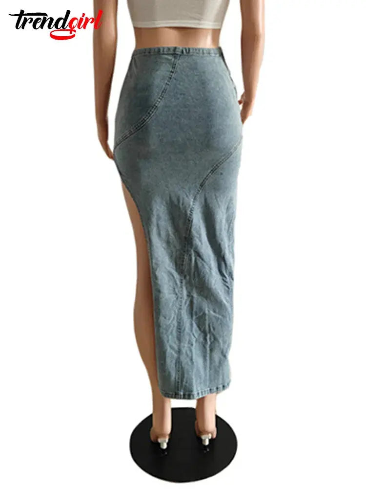 Mlaiscsr Women's Fashion Open Design High Slit Stretch Denim Long Skirt Streetwear Jean Dress Birthday Summer Night Clubwear FZwear