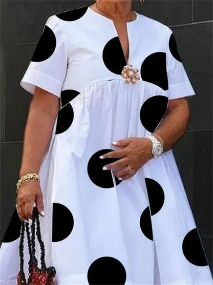 Modigirl Women Midi Shirts Dress 2024 Summer Short Sleeves Black and White Polka Dot Daily Casual Simple Female A-line Dresses FZwear