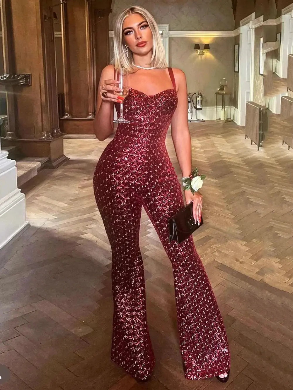 Modphy Women Jumpsuits Christmas Sparkling Luxury Red Sequins Design Evening Party Clubwear Sleeveless Spaghetti Strap Jumpsuit FZwear