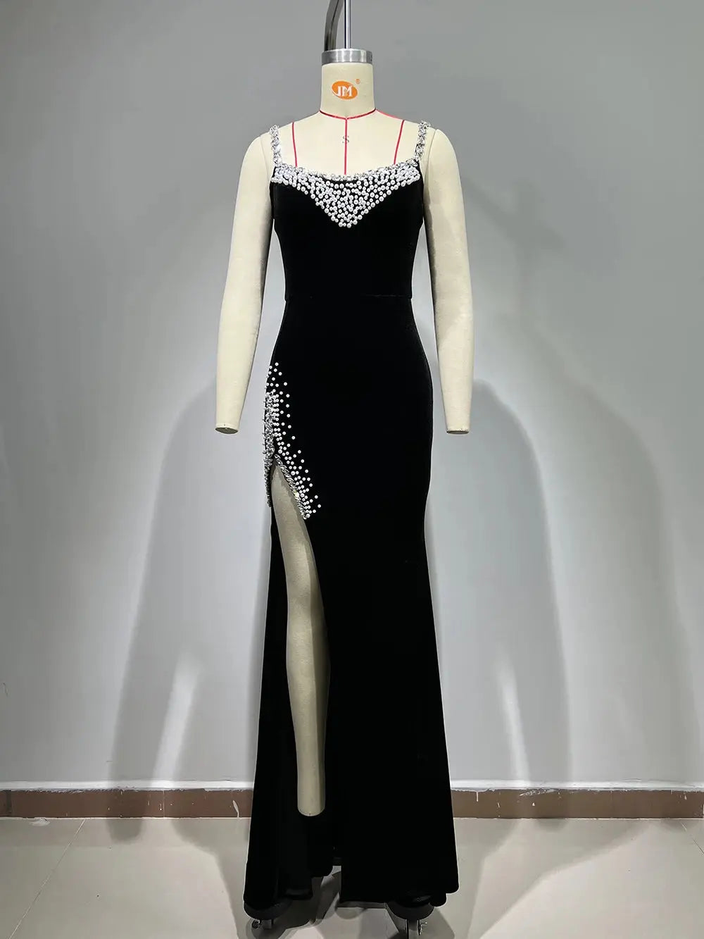 Modphy Women Luxury Diamond Pearl Spaghetti Strap Backless Design Maxi Velvet Dress Dance Gowns Celebrity Cocktail Party Sexy FZwear