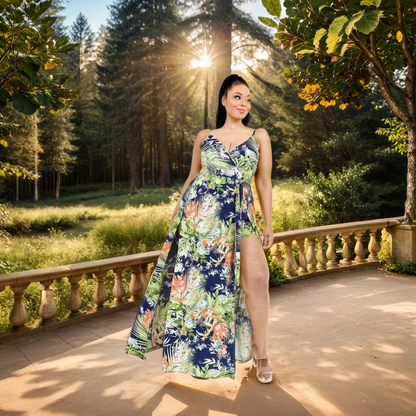 FZ Women's Plus Tropical Leaf Print Surplice Maxi Sun Dress - FZwear