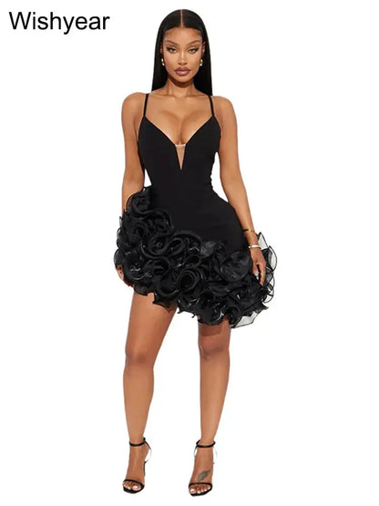 New Ruffle Pleated Black Mini Dress Women Sexy Straps Ruffle Red Vestidos Female Evening Elegant Luxury Birthday Night Prom Robe FZwear