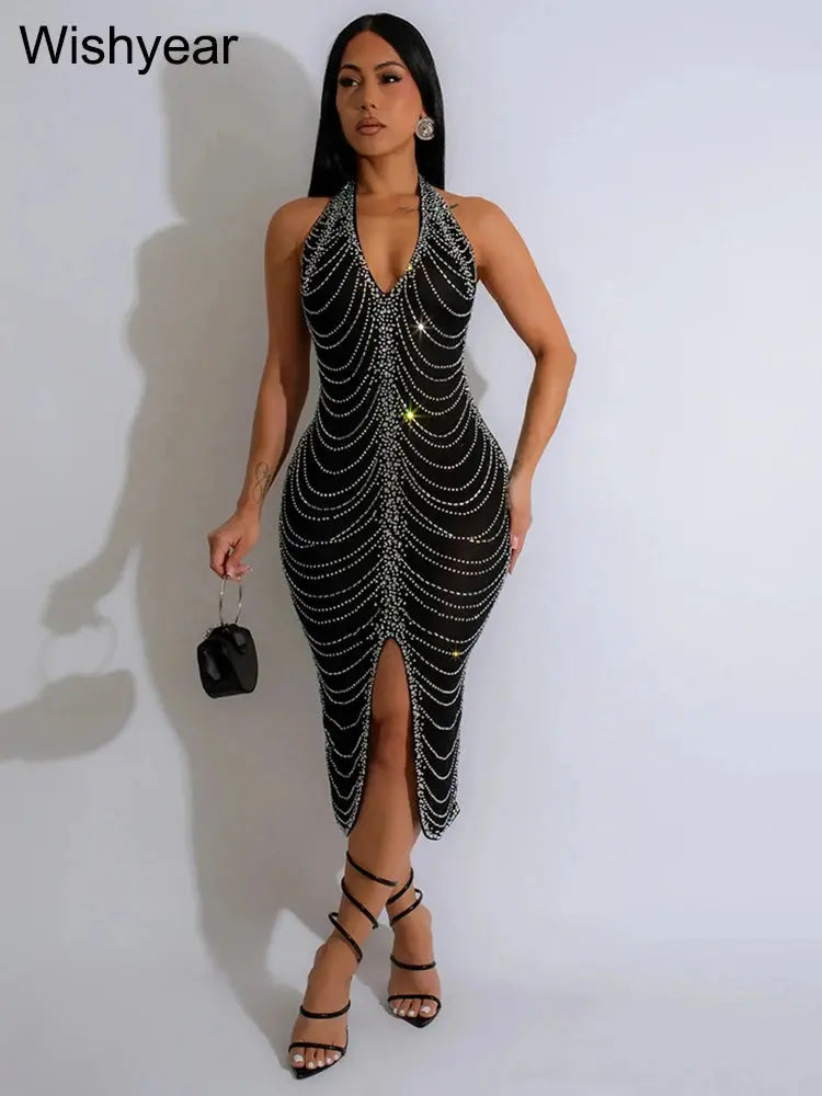 New Sexy Diamonds Halter Black Party Bodycon Midi Dress Women Sleeveless Backless Front Split Birthday Night Prom Club Vestidos FZwear