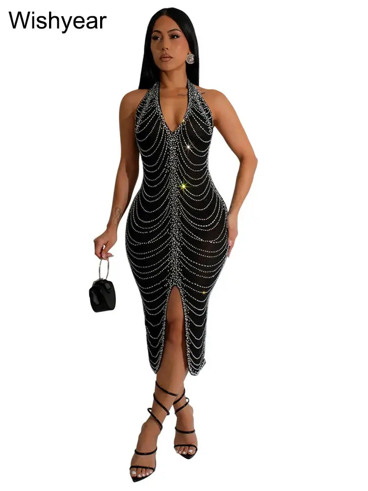 New Sexy Diamonds Halter Black Party Bodycon Midi Dress Women Sleeveless Backless Front Split Birthday Night Prom Club Vestidos FZwear