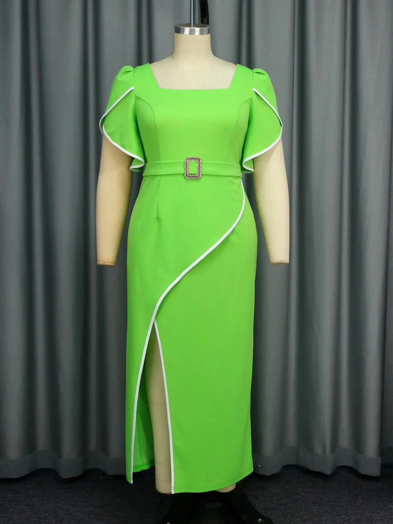 New Sexy Square Neck Short Sleeved Green Pleated Slit Long Elegant Dress for Women's Fashion Party Slimming Maxi Evening Dresses FZwear