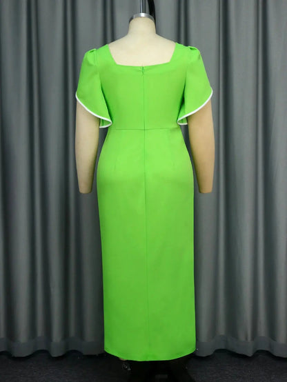 New Sexy Square Neck Short Sleeved Green Pleated Slit Long Elegant Dress for Women's Fashion Party Slimming Maxi Evening Dresses FZwear