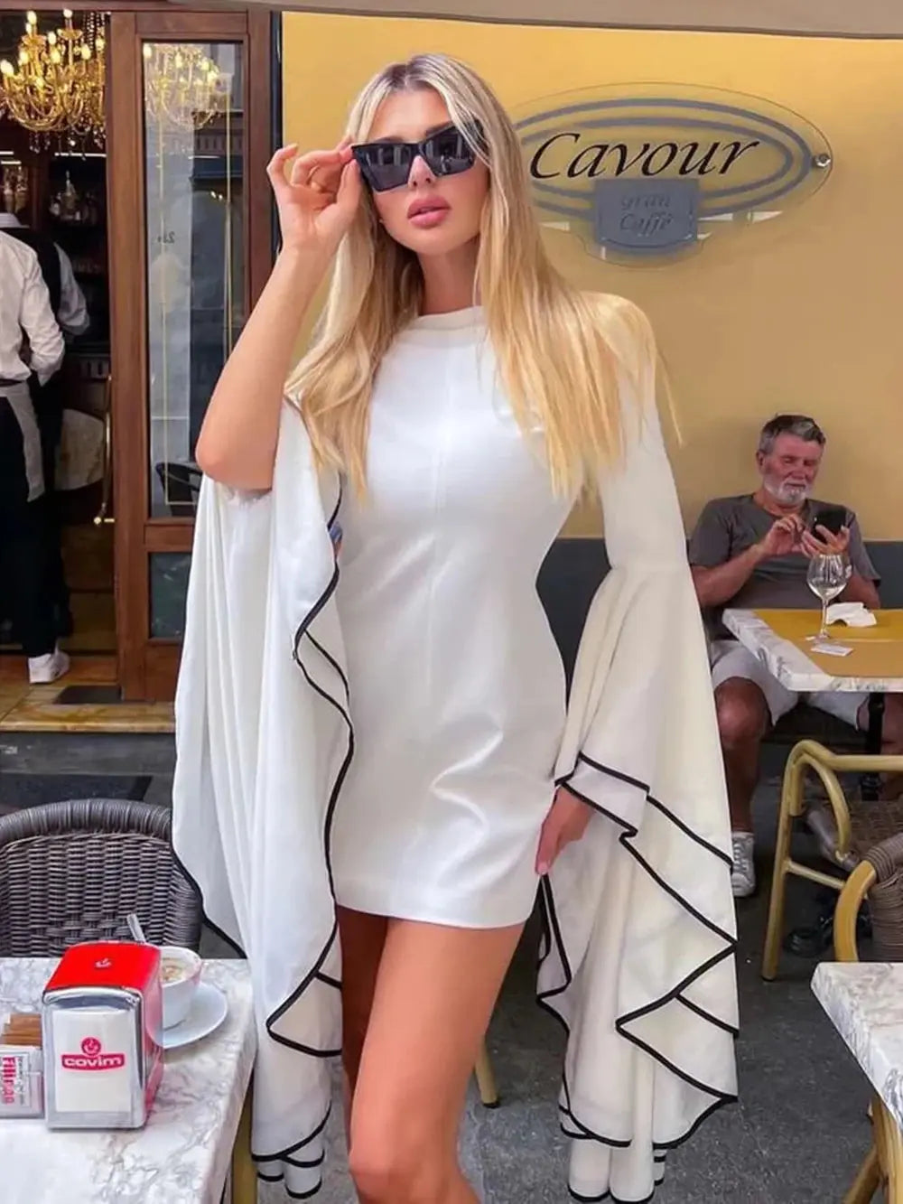 Newest 2023 Women's Unique Extra Large Flare Sleeves Slim Fit Design Celebrity Party White Black Elegant Mini Dress Vestidos FZwear