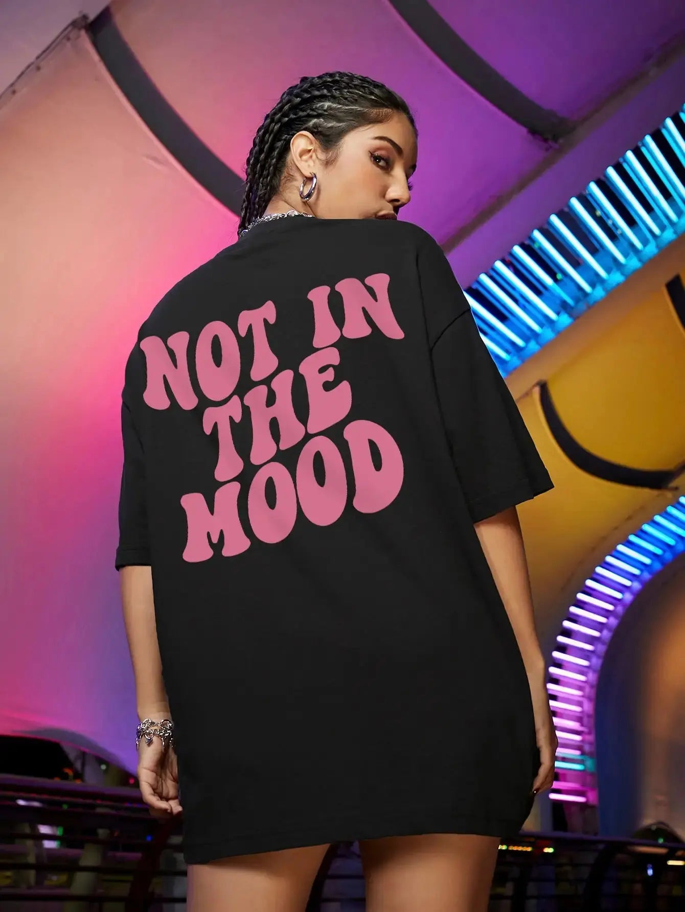 Not In The Mood Pink Letter Print T-Shirts Women Summer Cotton Clothing O-Neck Oversized Short Sleeve Breathable Casual Tshirt FZwear