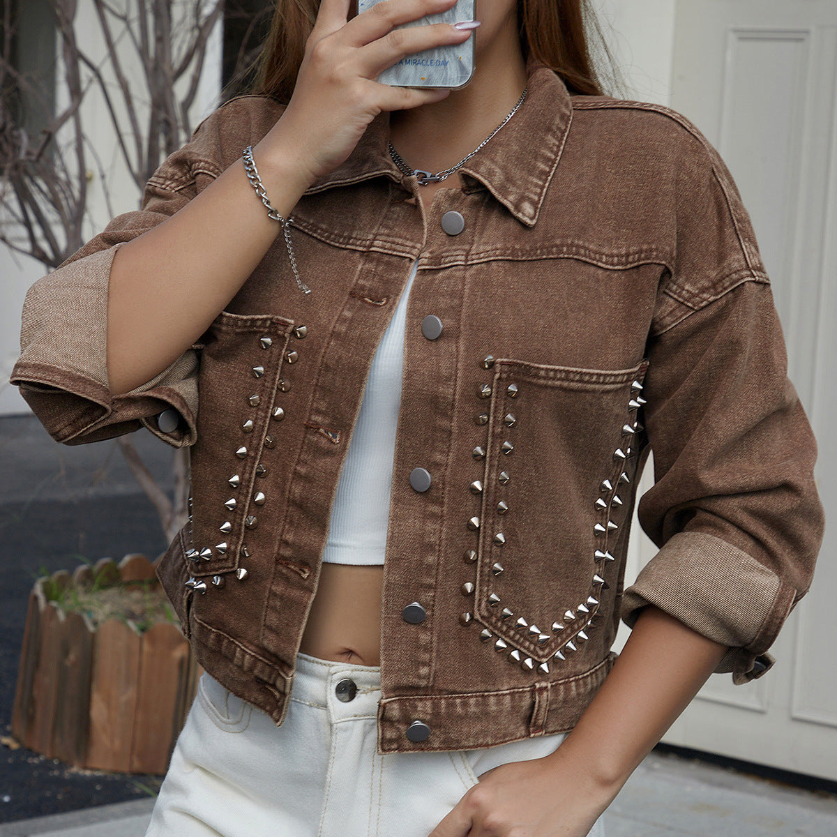 FZ Women's Loose Retro Short Coat Long Sleeved Denim Jacket