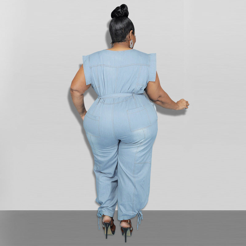 Plus Size Women Clothing Autumn New Denim Short Sleeve Wash Jumpsuit Trousers Sexy New Dermal