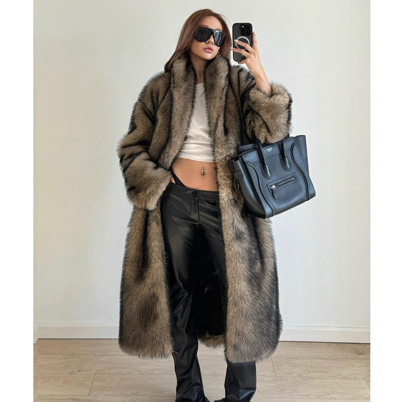 FZ Women's Faux Fur Long Wolf Trench Coat Jacket