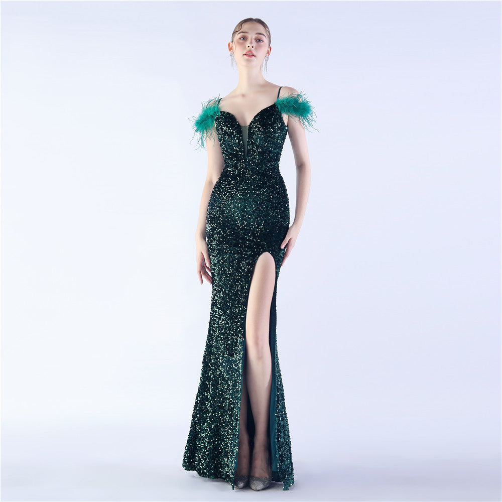 FZ Women's Ostrich Feather High Density Sequined Evening Dress - FZwear