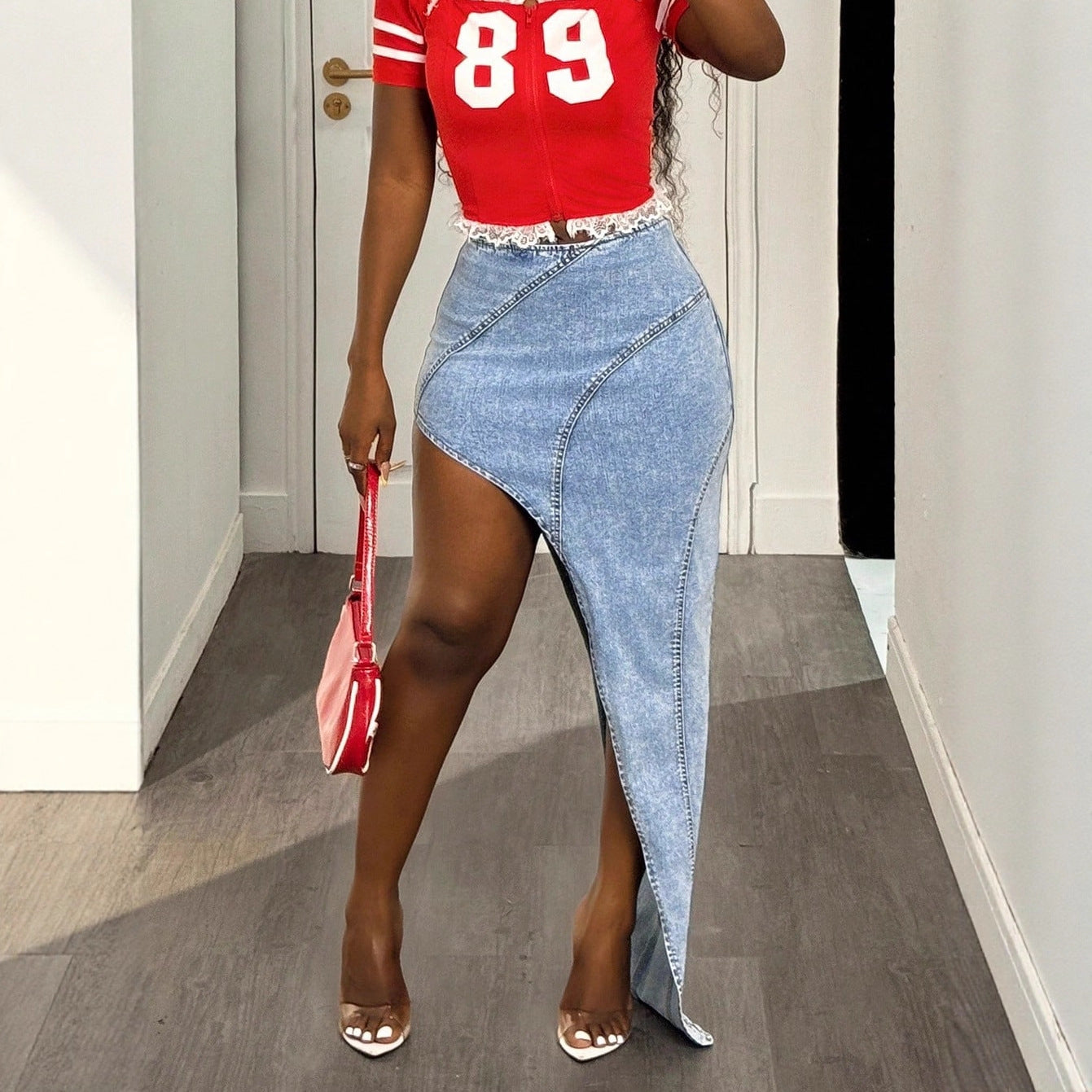 FZ Women's Fashionable Irregular Asymmetric Stretch Denim Skirt