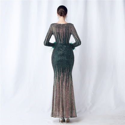 FZ Women's Ostrich Feather Gradient Sequin Long Sleeve Evening Dress