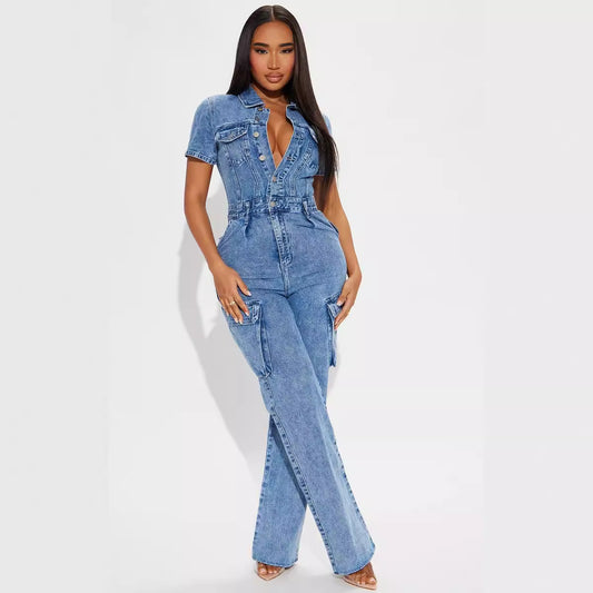 Tight Waist Slim Elastic Fried Floral Wash Denim Jumpsuit Jumpsuit Bell Bottom Pants Joliss