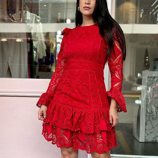 FZ Women's Elegant Lace Crochet Embroidery Ruffled High Waist Slimming Dress