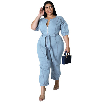 Plus Size Women Clothing Summer Short Sleeve Zipper Wash Denim Jumpsuit MINDA