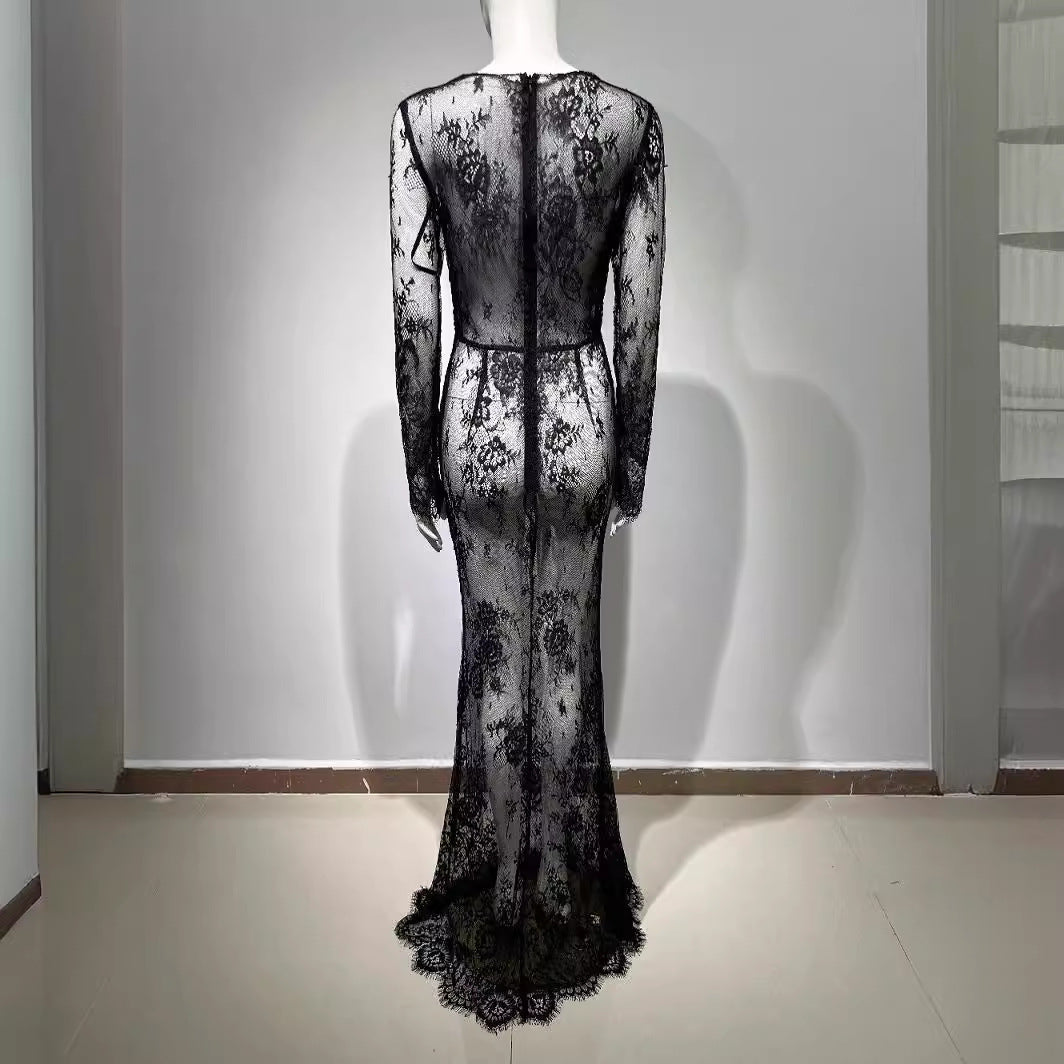 FZ Women's Black Slim Fit Sexy See through Lace Evening Dress - FZwear