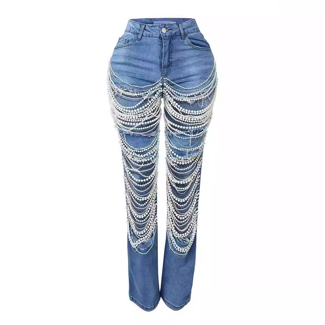 FZ Women's Ripped Heavy Industry Beads Beaded Stretch Denim Pants - FZwear