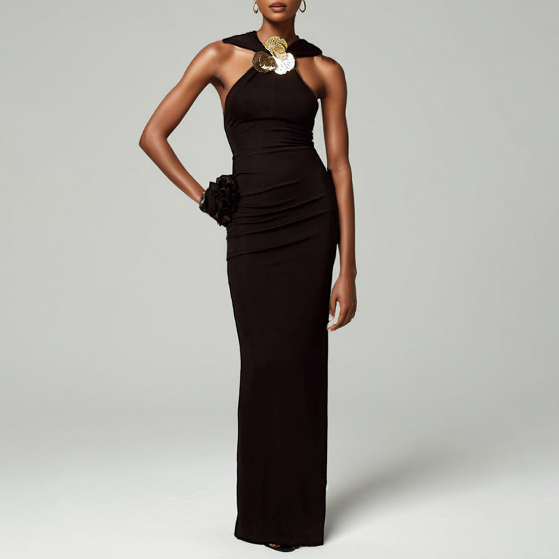 FZ Women's Halter Niche Metal Buckle Decoration Slim Maxi Dress