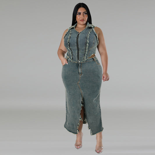 FZ Women's Plus Size Denim Tassel Zipper Split Maxi Skirt Suit