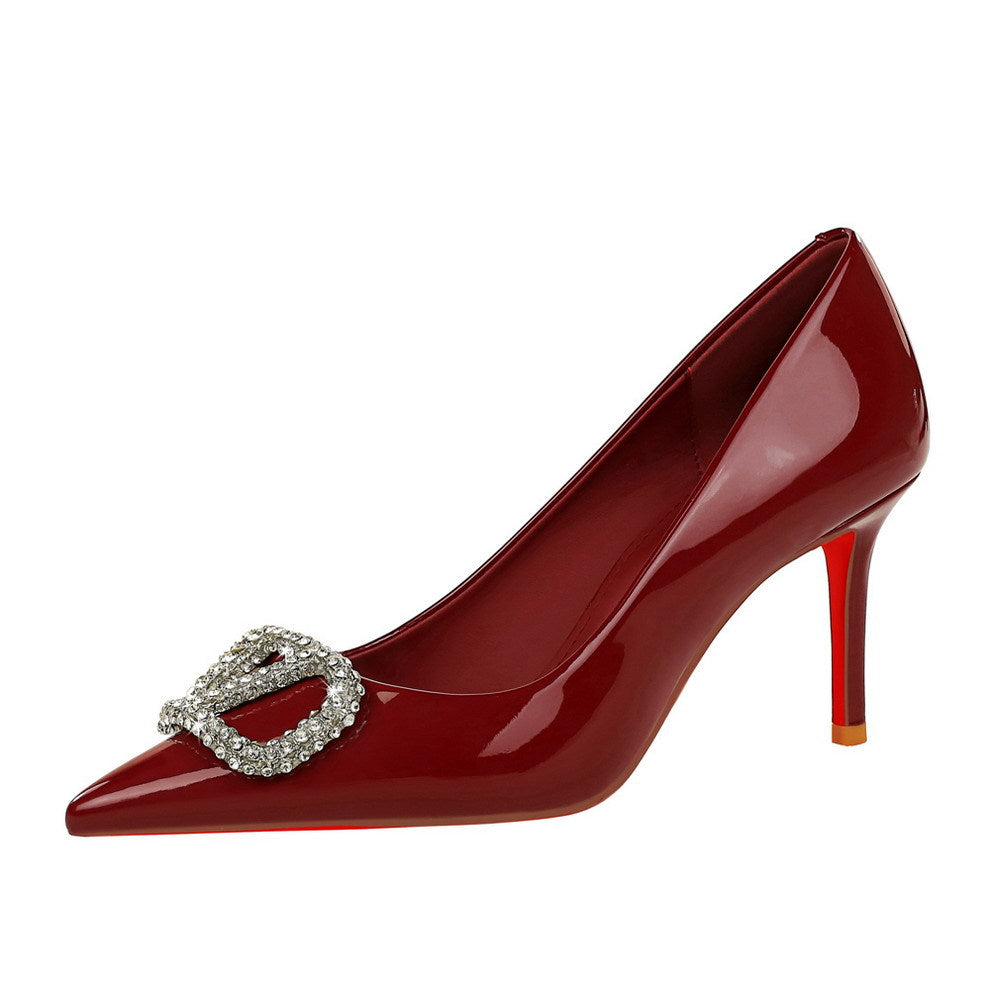 FZ Women's Leather Rhinestone Pointed Low Cut Slip on Stiletto Heel Shoes