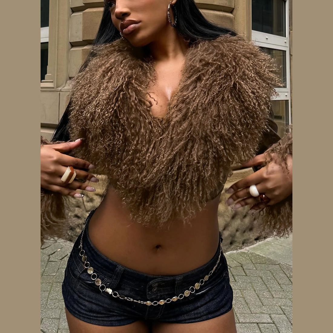 FZ Women's Tassel Fur Collar Stitching  V neck Cropped Leather Jacket