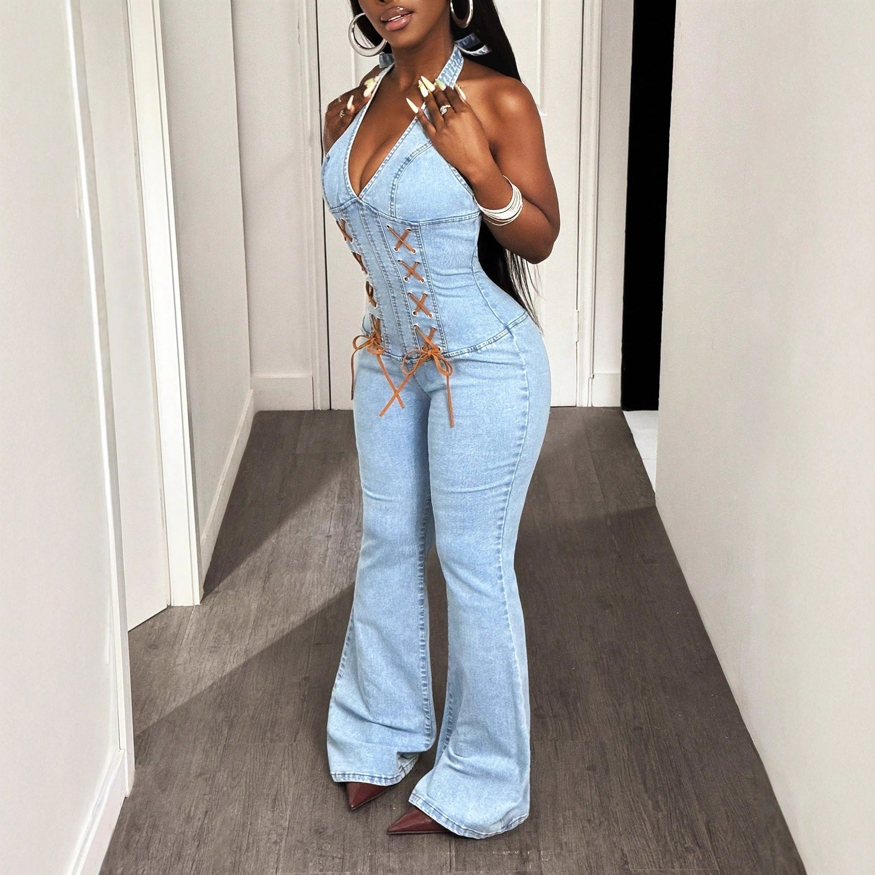 FZ Women's Halter Tight Waist Slim Elastic Denim Jumpsuit