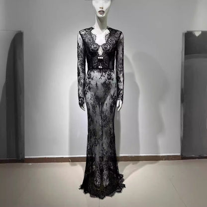 FZ Women's Black Slim Fit Sexy See through Lace Evening Dress - FZwear