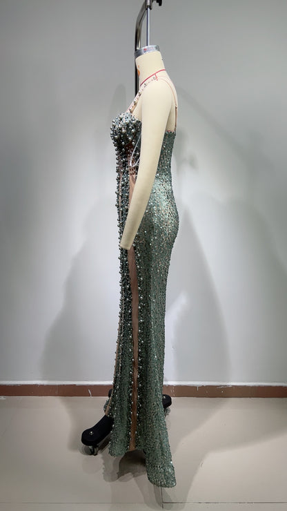 FZ Women's Heavy Industry Beads Sequin Stitching Backless Strap Evening Dress - FZwear
